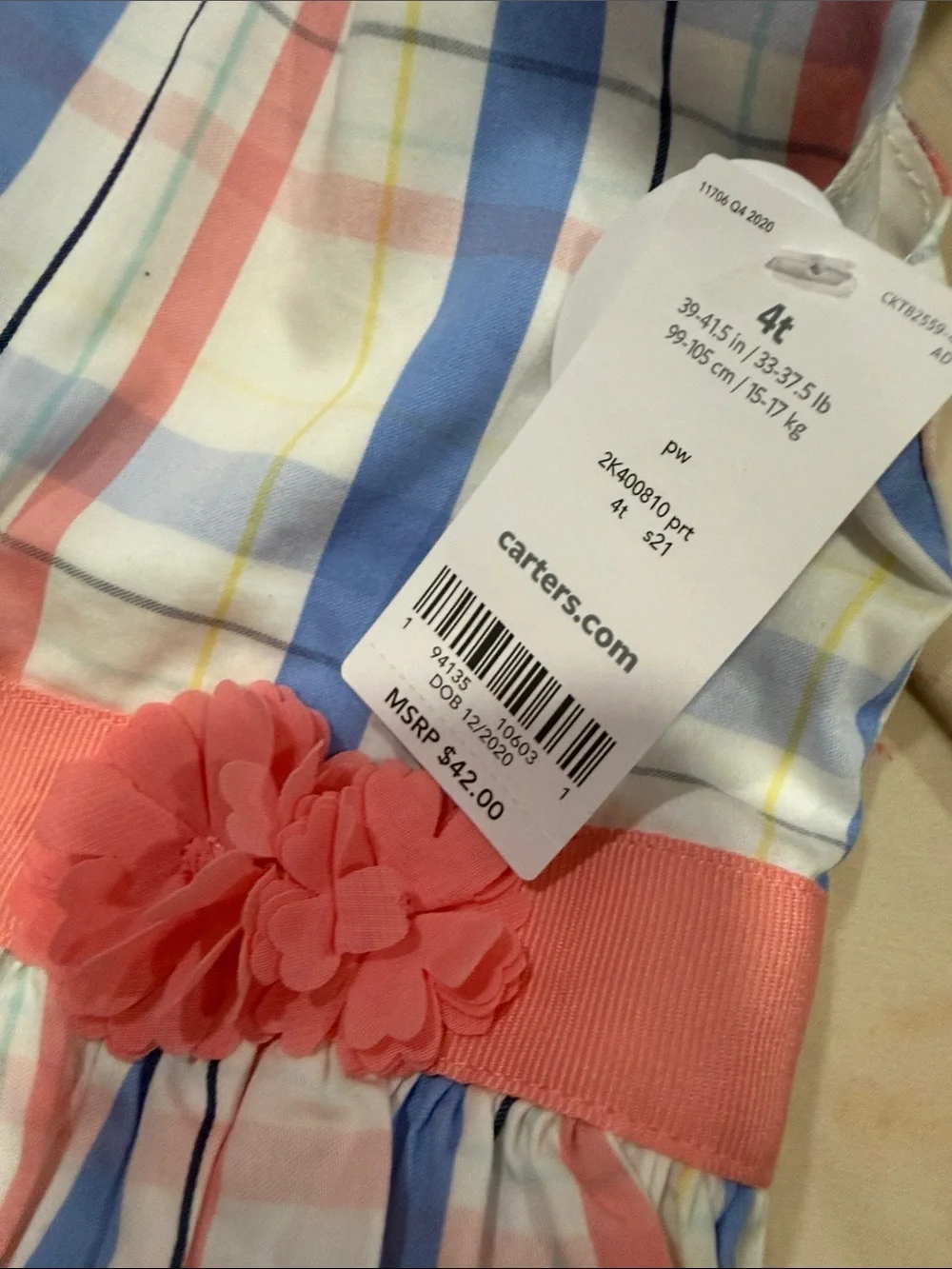 Carter's White Plaid Dress with Blue and Coral Stripes
